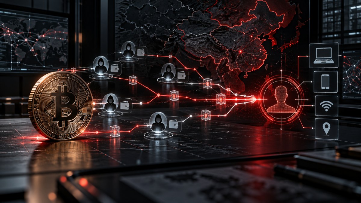Conceptual illustration of cryptocurrency wallet paths being traced across a digital map of China
