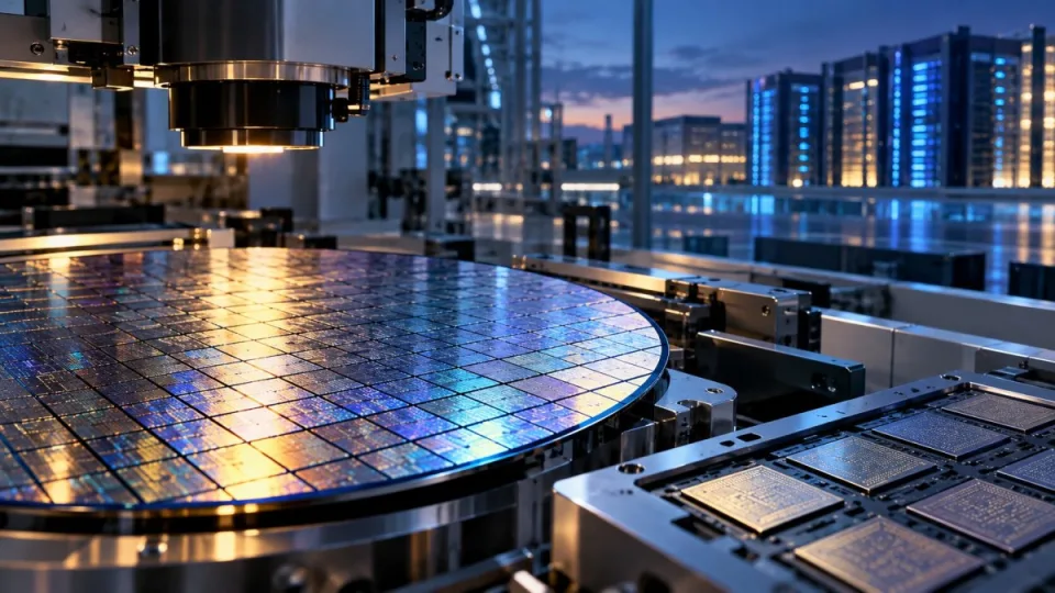 Conceptual editorial illustration of a silicon wafer inside an advanced chip fabrication facility with data-center lights in the distance