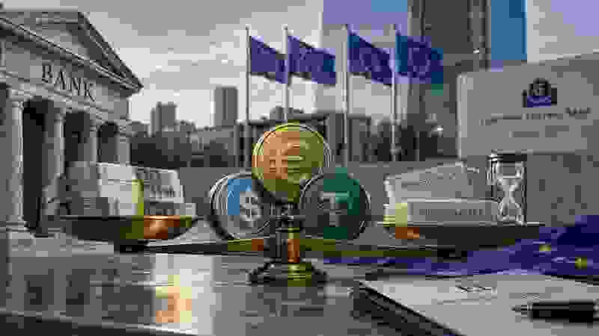 Conceptual editorial illustration of EU stablecoin reserves balanced between bank deposits and short-term liquid assets.