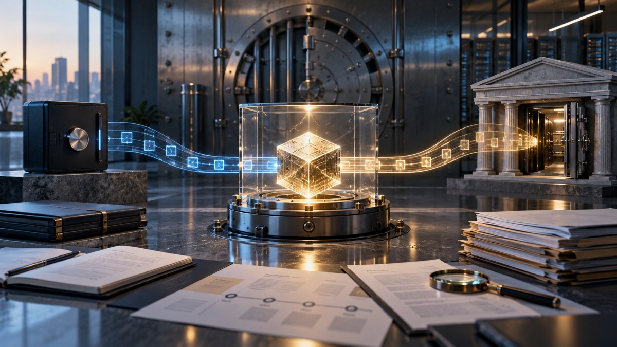 AI-generated editorial image of two secure custody pathways converging on a protected digital asset inside an institutional vault.