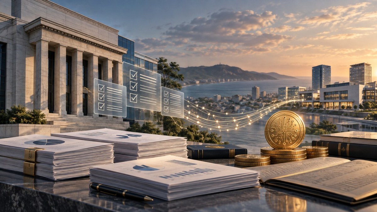 Conceptual view of institutional finance documents and a generic digital asset network overlooking a Central American coastal city