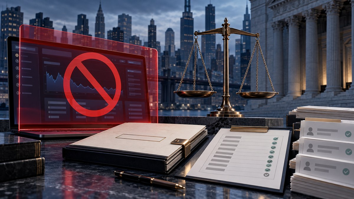 AI-generated conceptual illustration of a barred crypto-lending dashboard, legal scales, settlement records and creditor files against a New York skyline.