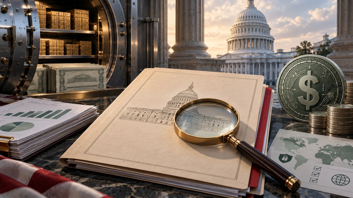 Conceptual illustration of a Senate oversight file, secure financial custody vault and digital-dollar token representing questions about Cantor Fitzgerald’s Tether relationship.