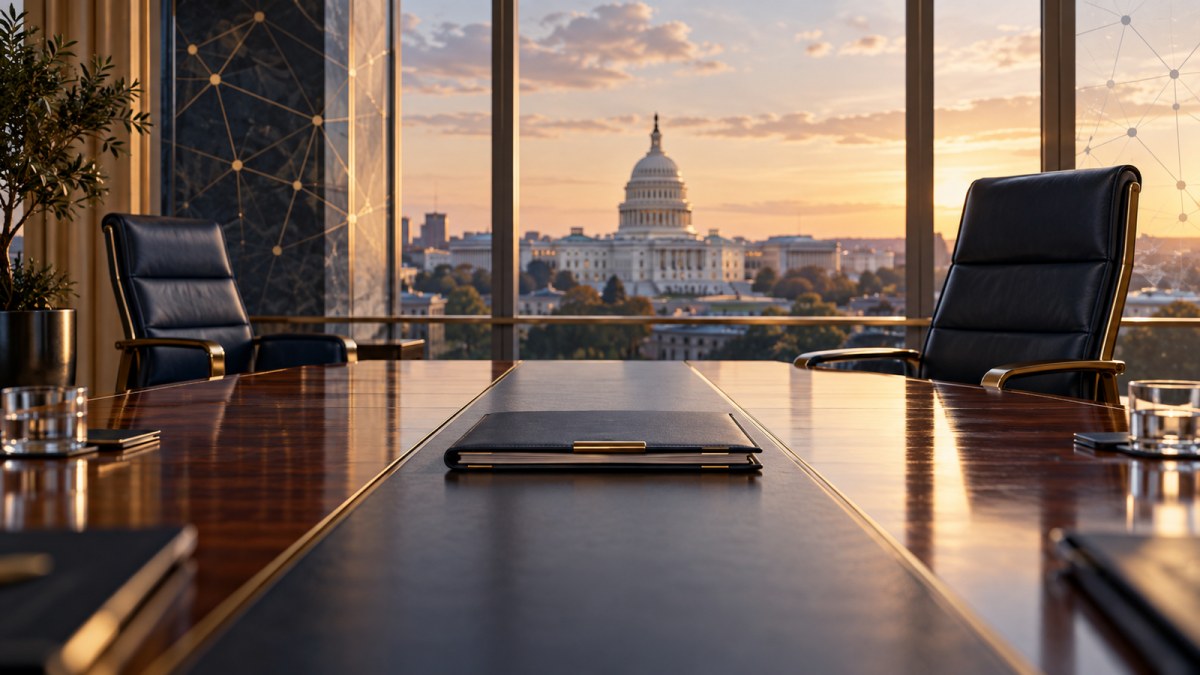 Conceptual Washington conference room with two executive chairs and a handover folder, representing a leadership transition.