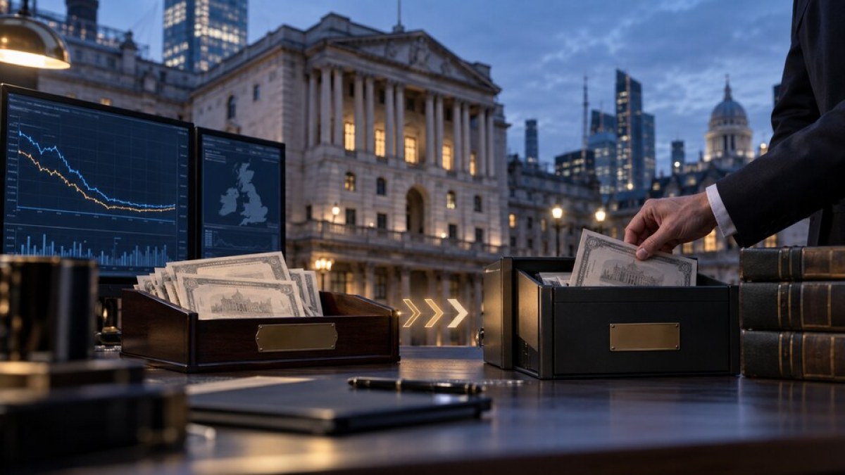 AI-generated conceptual image of British gilt certificates moving from a trading desk into long-term storage beside London's financial district.