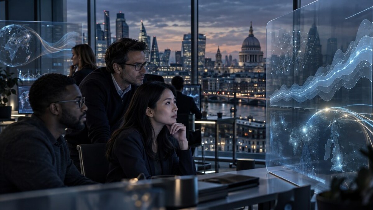 AI-generated editorial image of analysts studying probabilistic forecasts in a modern London research office.