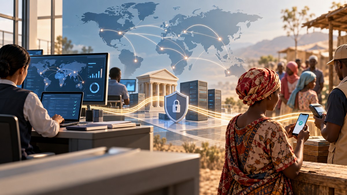 AI-generated conceptual illustration of secure digital-payment infrastructure connecting aid operations with local mobile-money recipients