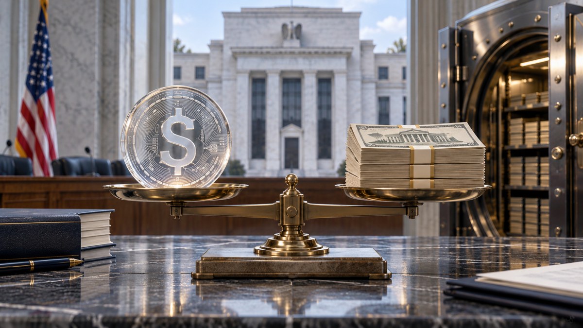 Conceptual balance scale comparing a digital dollar token with U.S. reserve assets beside a secure vault