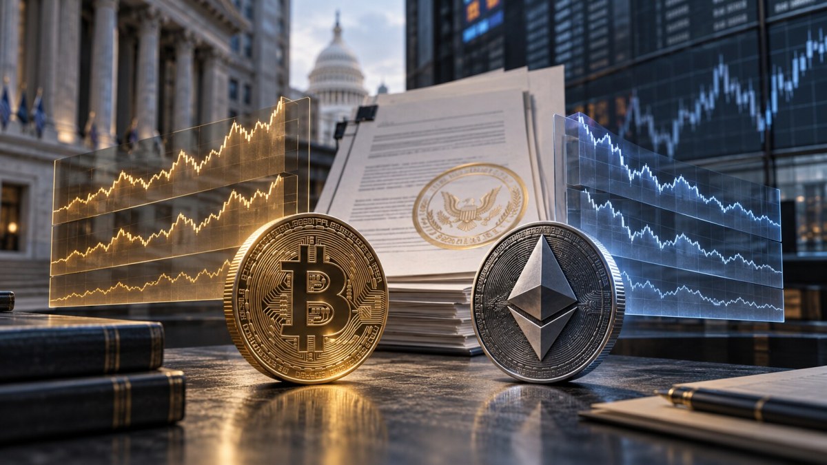 AI-generated editorial illustration of Bitcoin and Ether futures products beside regulatory papers and layered daily market charts
