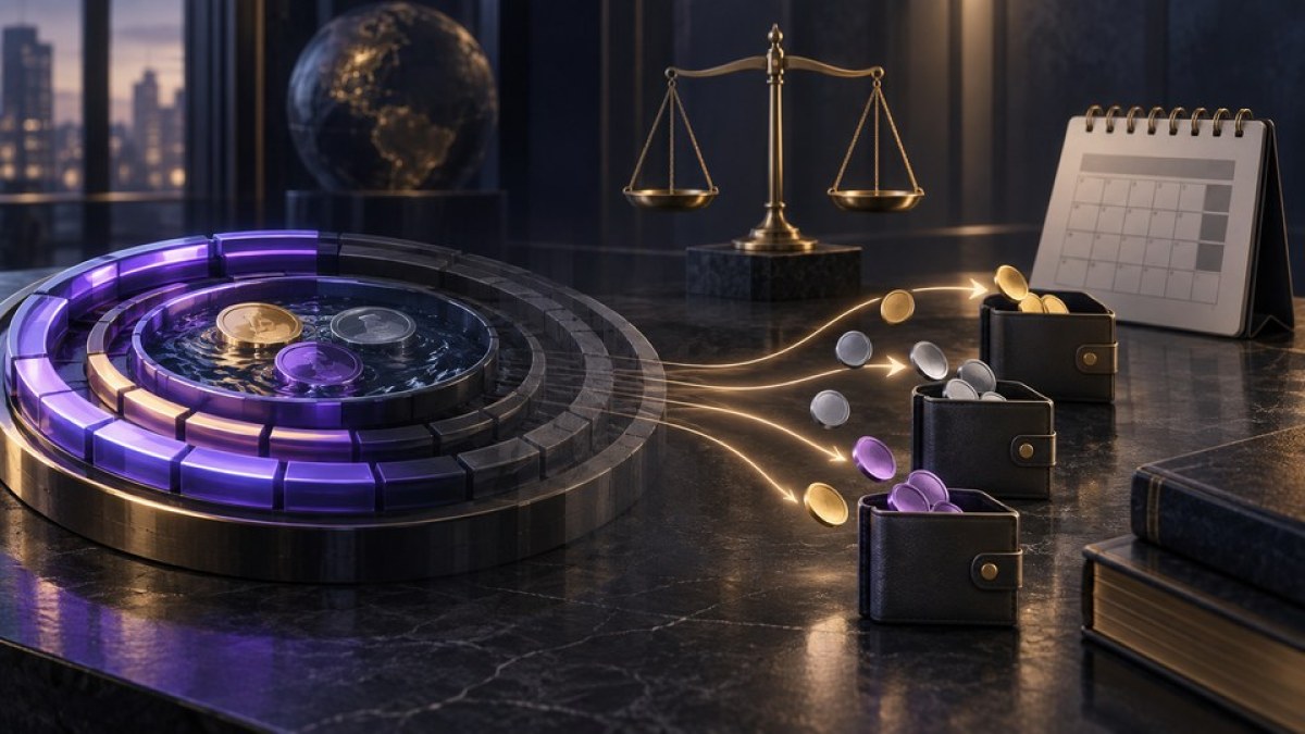 AI-generated editorial illustration of a DeFi liquidity pool winding down as treasury tokens move into holder wallets.