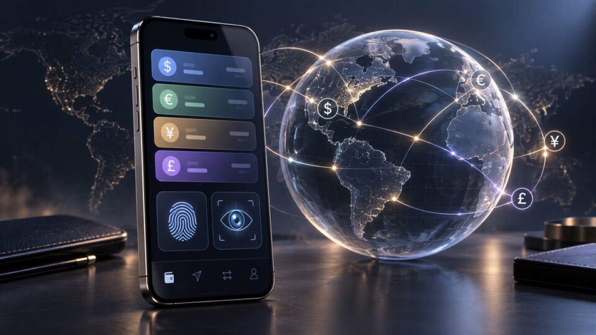 Conceptual editorial image of a mobile wallet linked to a glass globe by cross-border payment paths, with stablecoin balances and human-verification symbols.