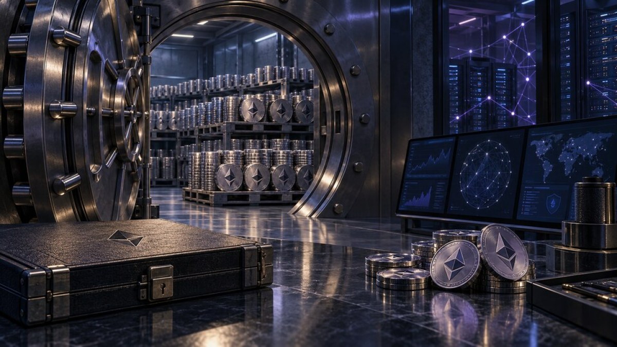 AI-generated conceptual illustration of Ethereum reserves secured inside a corporate treasury vault