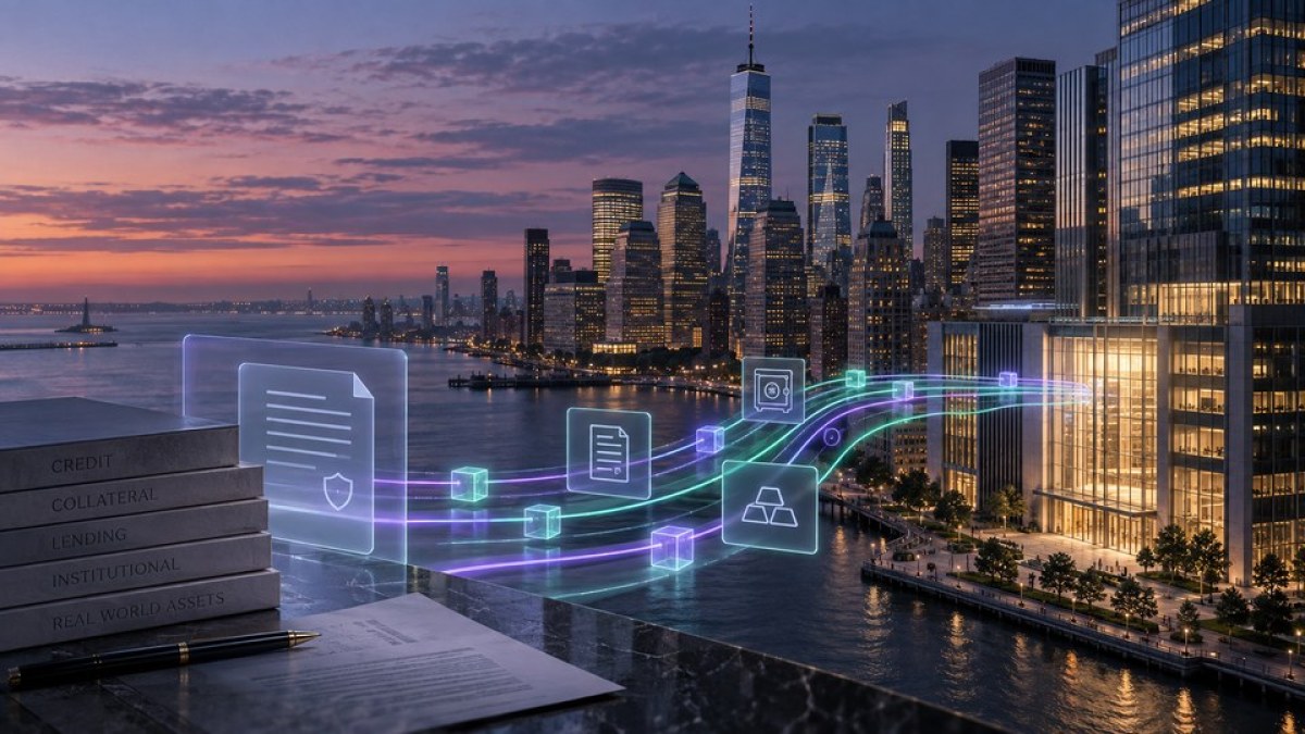 AI-generated editorial illustration of on-chain credit rails connecting with New York financial institutions at dusk.
