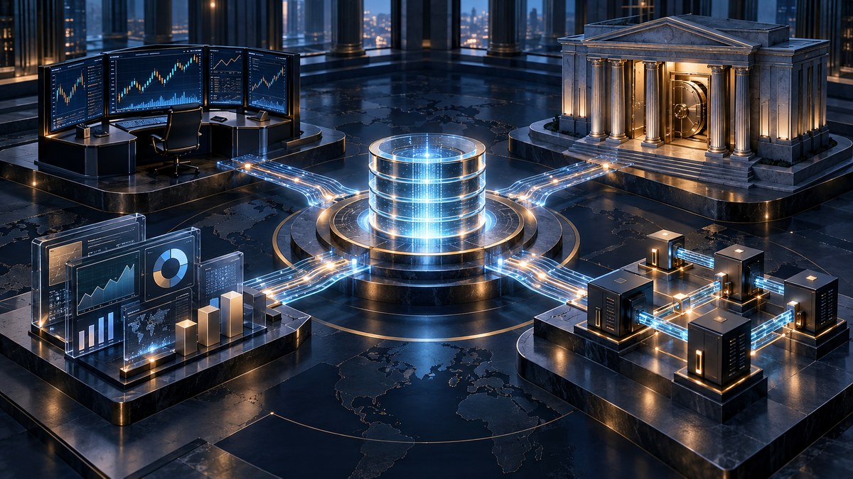 A unified digital ledger connects trading screens, a bank, portfolio analytics and secure business infrastructure