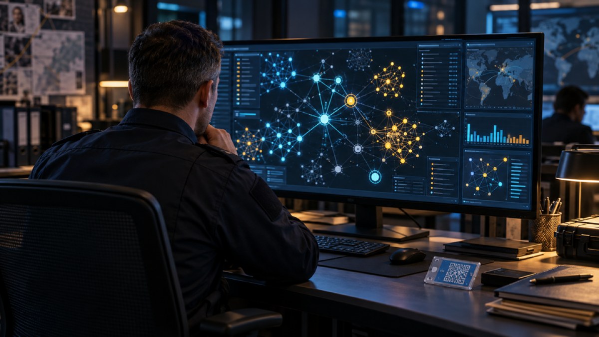 Officer reviewing an abstract blockchain transaction network on a wide monitor in a modern investigations room