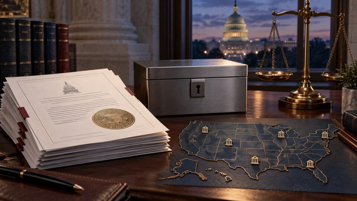 Conceptual editorial image of revised U.S. crypto legislation beside a blind-trust lockbox, balance scale and state enforcement map