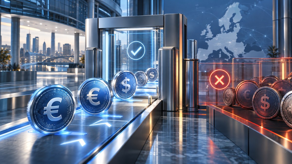 AI-generated editorial illustration of a European compliance gateway separating permitted and restricted generic stablecoin tokens.