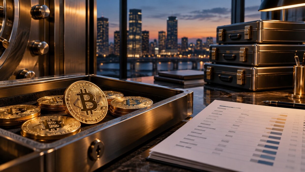 Conceptual corporate treasury vault with Bitcoin symbols, custody cases and an abstract balance ledger