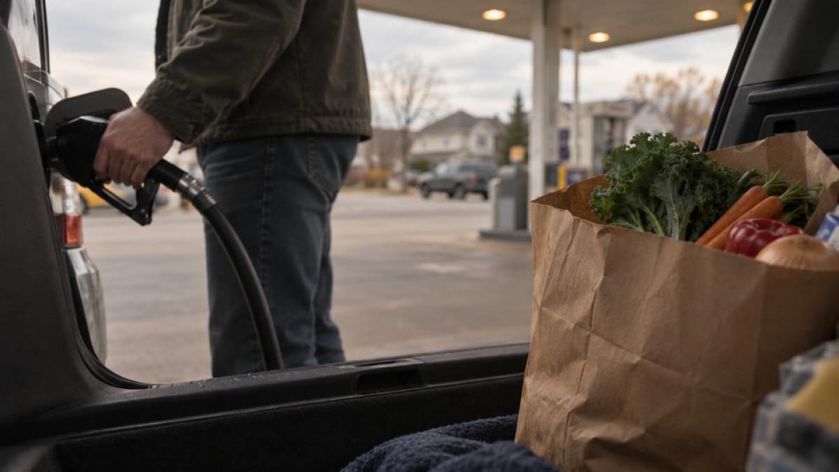 AI-generated conceptual scene of groceries in a car trunk at a gasoline station, illustrating pressure on household budgets.