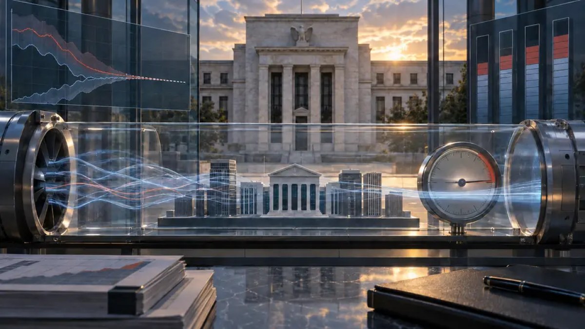 AI-generated conceptual editorial image of large banks passing through a controlled stress-test chamber as two risk curves converge.
