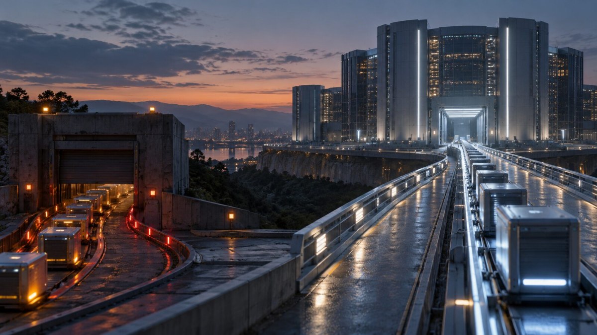 AI-generated conceptual image of an orderly digital infrastructure migration from a smaller side network to a larger main-chain data center