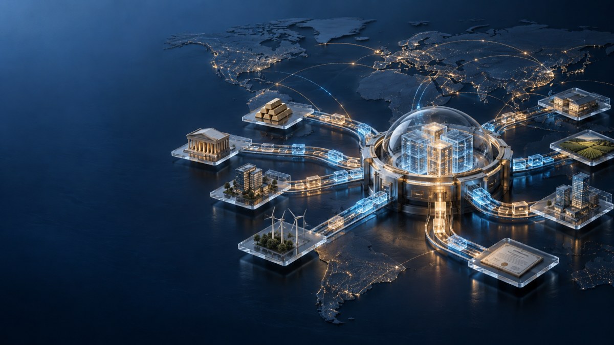 Conceptual editorial illustration of global securities moving through connected digital-ledger rails into a protected settlement hub.