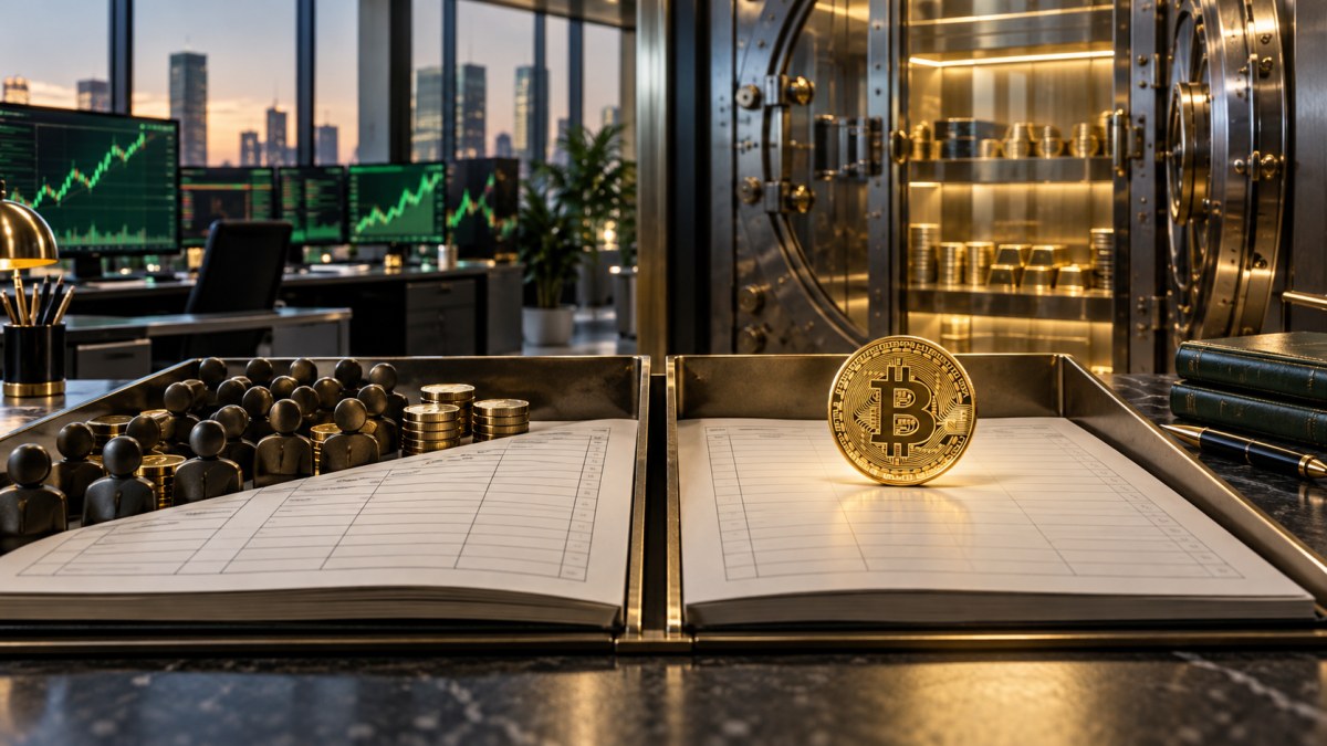 AI-generated editorial illustration of a Bitcoin token separated from customer assets on a corporate treasury ledger