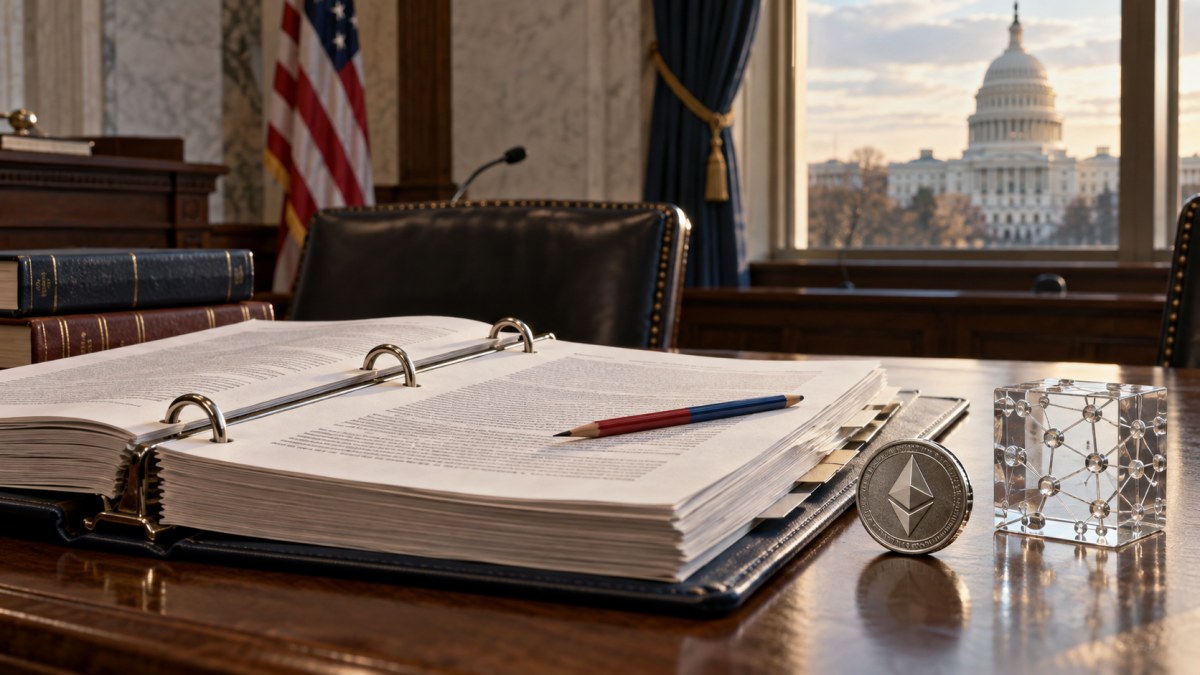 A conceptual U.S. crypto policy binder with an Ethereum token on a congressional committee desk