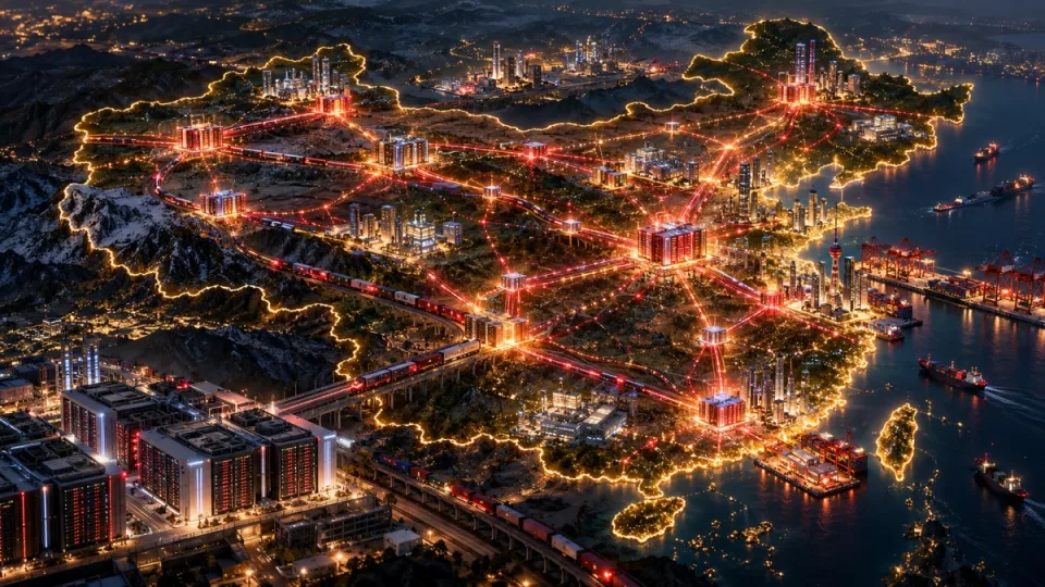 AI-generated conceptual illustration of a state-backed blockchain network connecting data centers and industrial infrastructure across China.