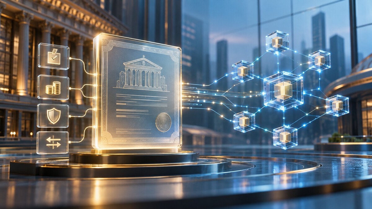 Conceptual editorial image of a shareholder registry connected to blockchain settlement rails