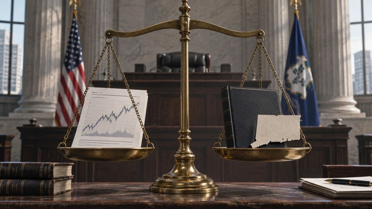 AI-generated editorial illustration of federal market contracts and a Connecticut rulebook balanced before a courthouse bench