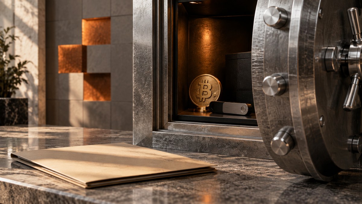 AI-generated conceptual image of a bank safe, Bitcoin emblem and hardware wallet illustrating digital asset custody.