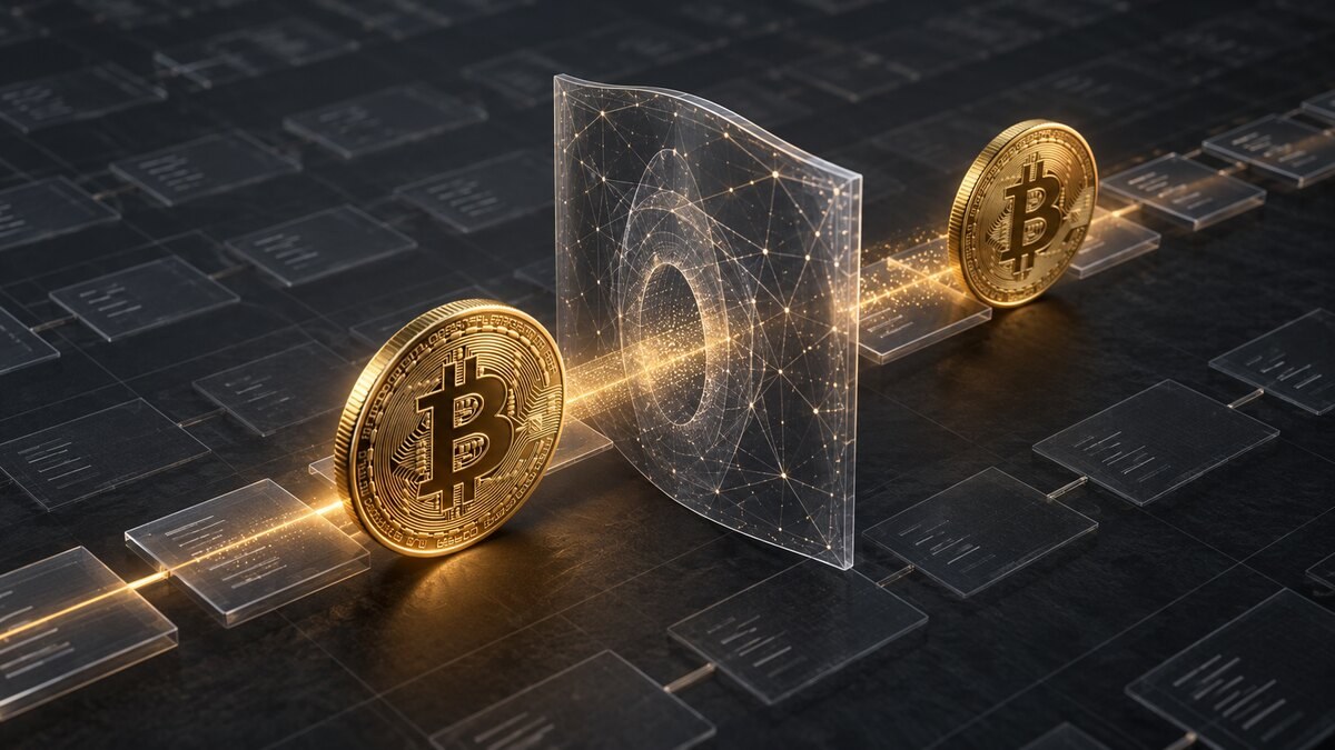 AI-generated conceptual illustration of bitcoin moving through a transparent cryptographic privacy shield on a continuous ledger.