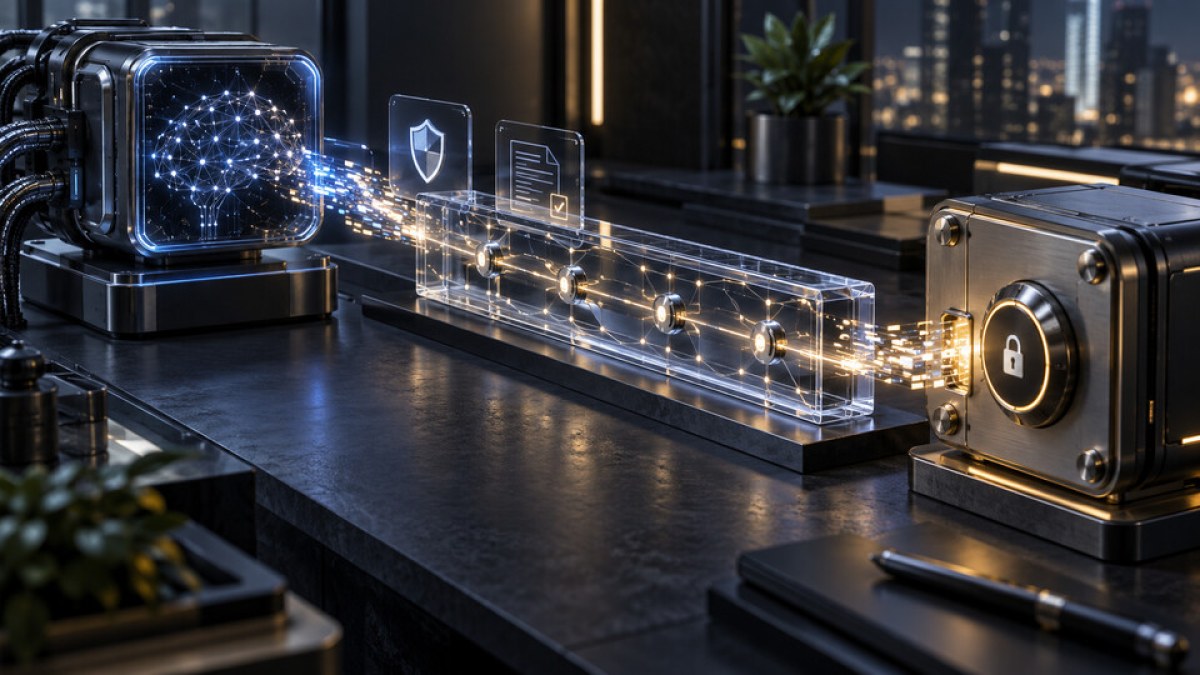 Conceptual illustration of an AI compute node sending a policy-controlled payment through a transparent ledger rail to a secure digital wallet.