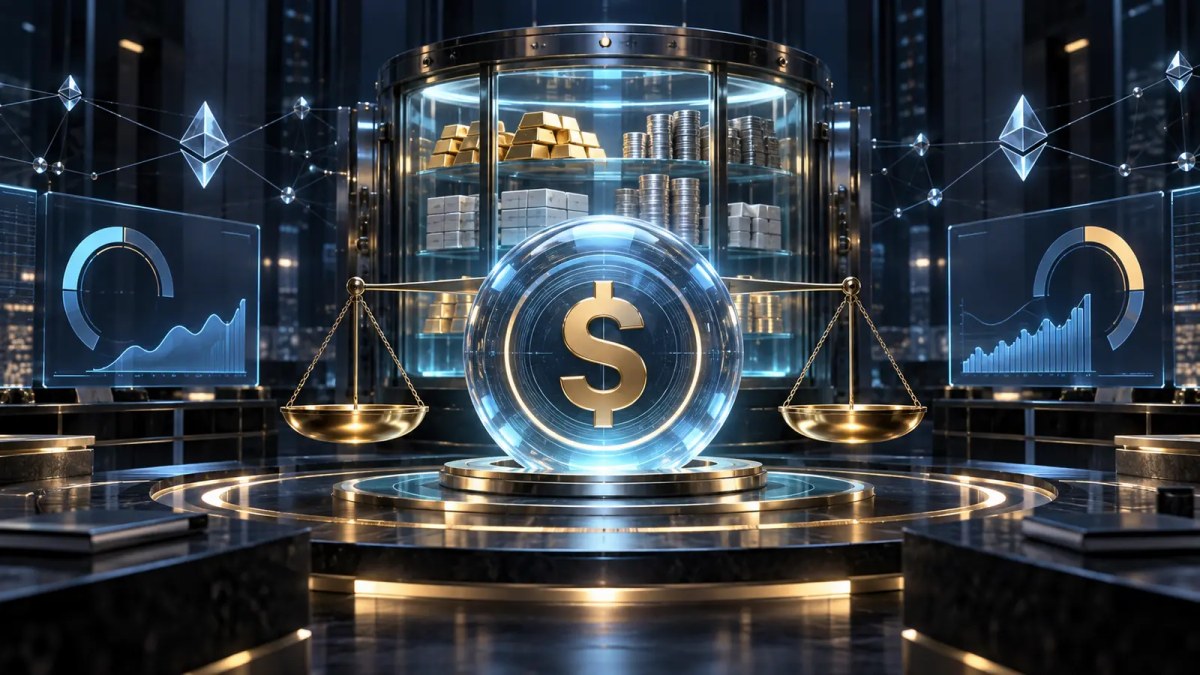AI-generated conceptual illustration of a stablecoin protocol undergoing institutional credit review beside a transparent reserve vault