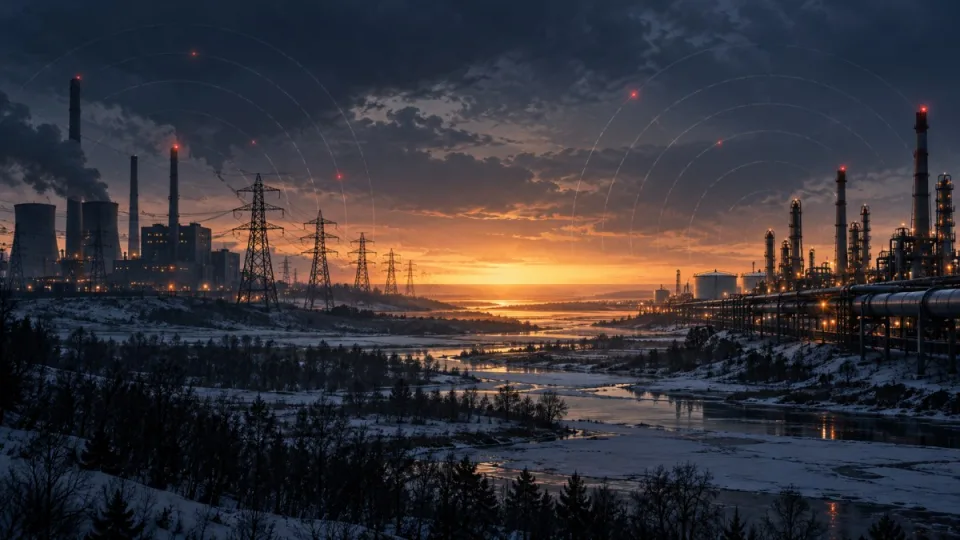 Conceptual editorial illustration of power lines and refinery infrastructure facing each other across a frozen landscape at dusk, divided by a fragile band of warm light