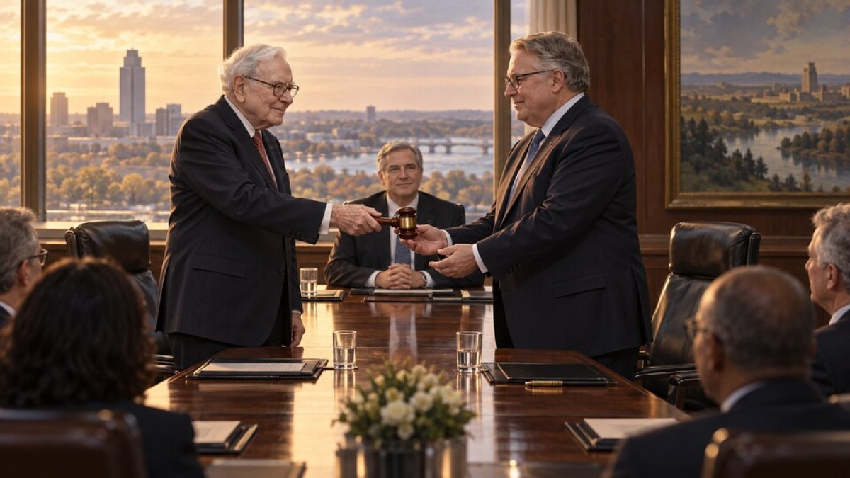 AI-generated editorial illustration of an elderly investor handing a chairman's gavel to his successor in an Omaha boardroom.