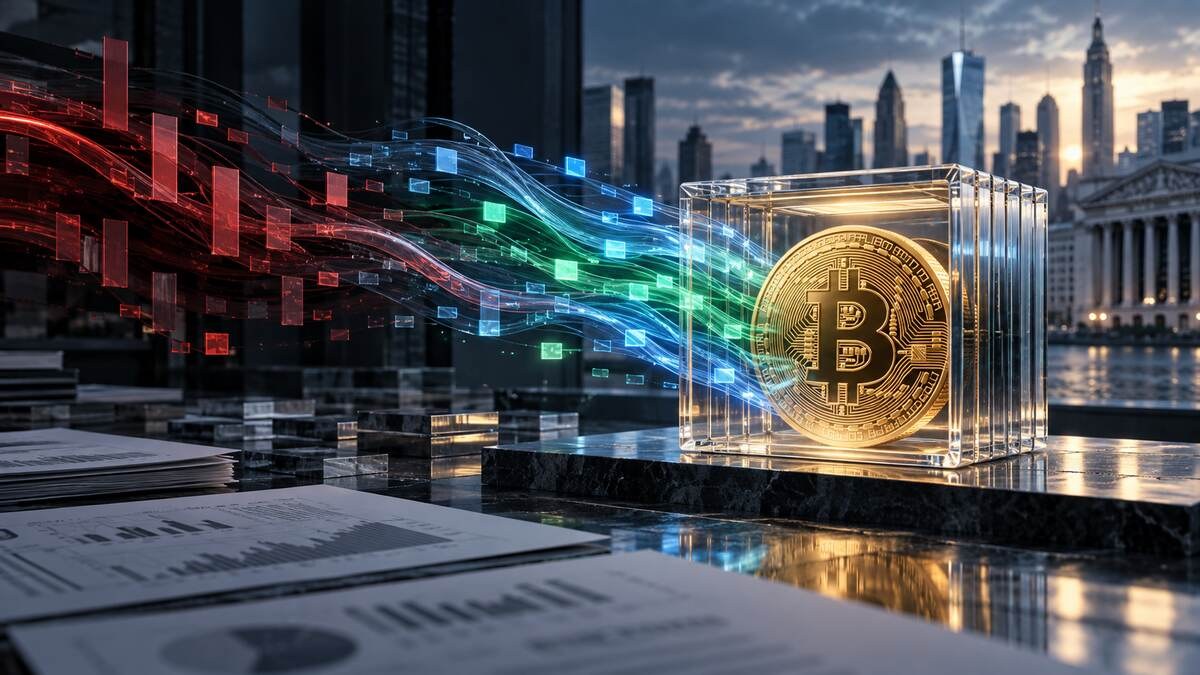 Conceptual illustration of capital streams moving into a bitcoin exchange-traded fund cube