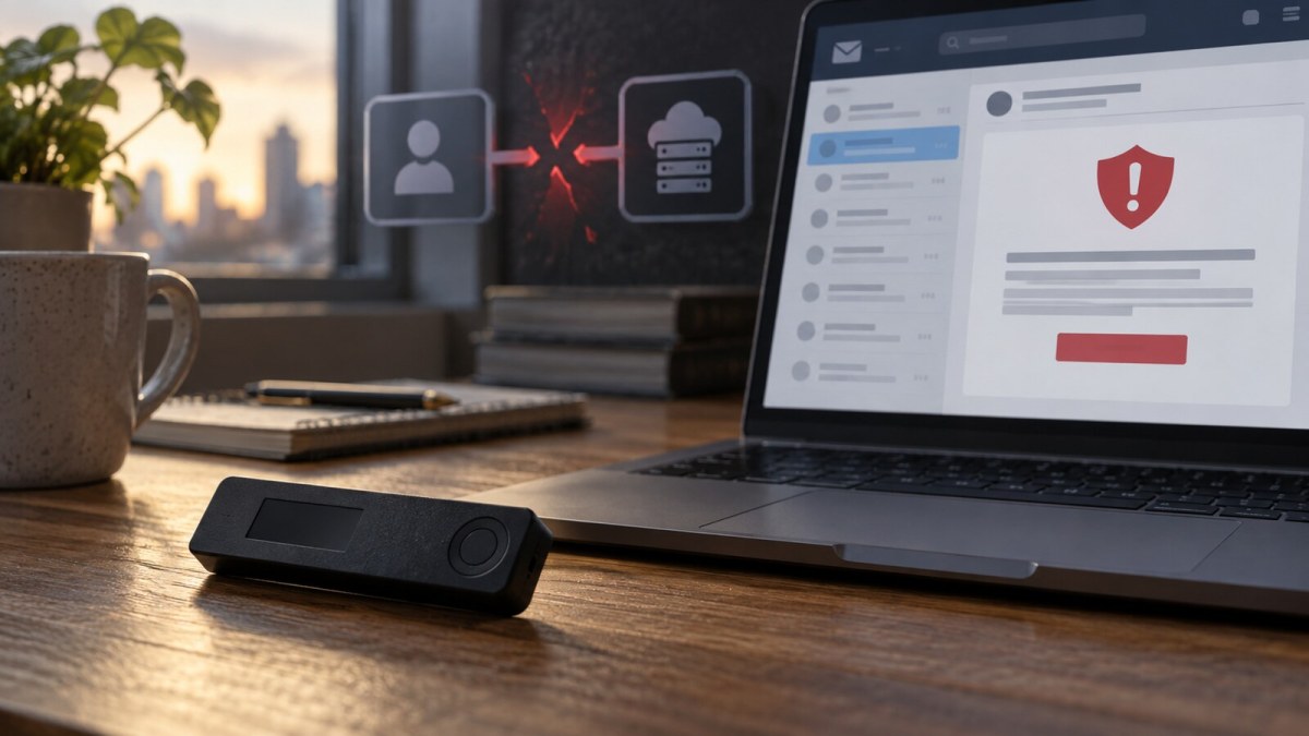 A hardware wallet beside a laptop displaying a generic email security warning and a broken access-control boundary