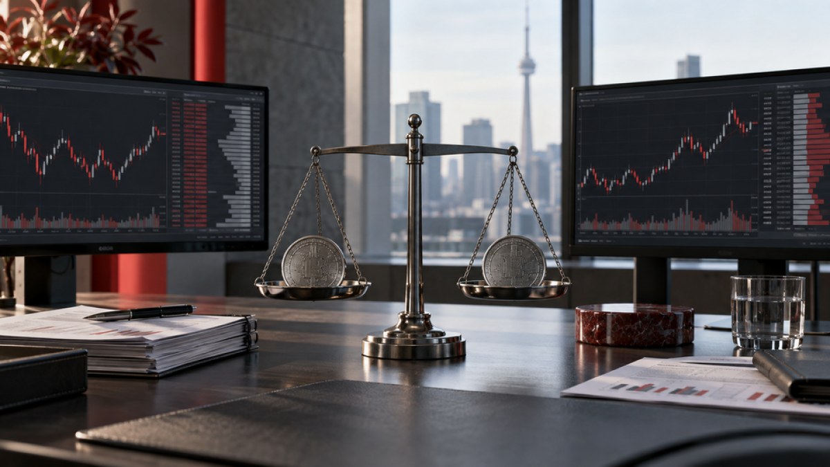 A conceptual balance scale matching two Bitcoin positions between regulated market screens in a Canadian bank