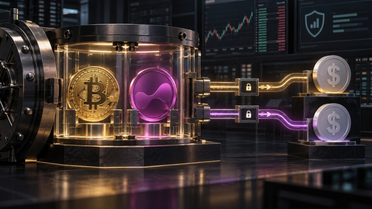 AI-generated editorial image of bitcoin and a magenta digital token secured in a collateral vault with controlled credit channels leading to dollar stablecoins.