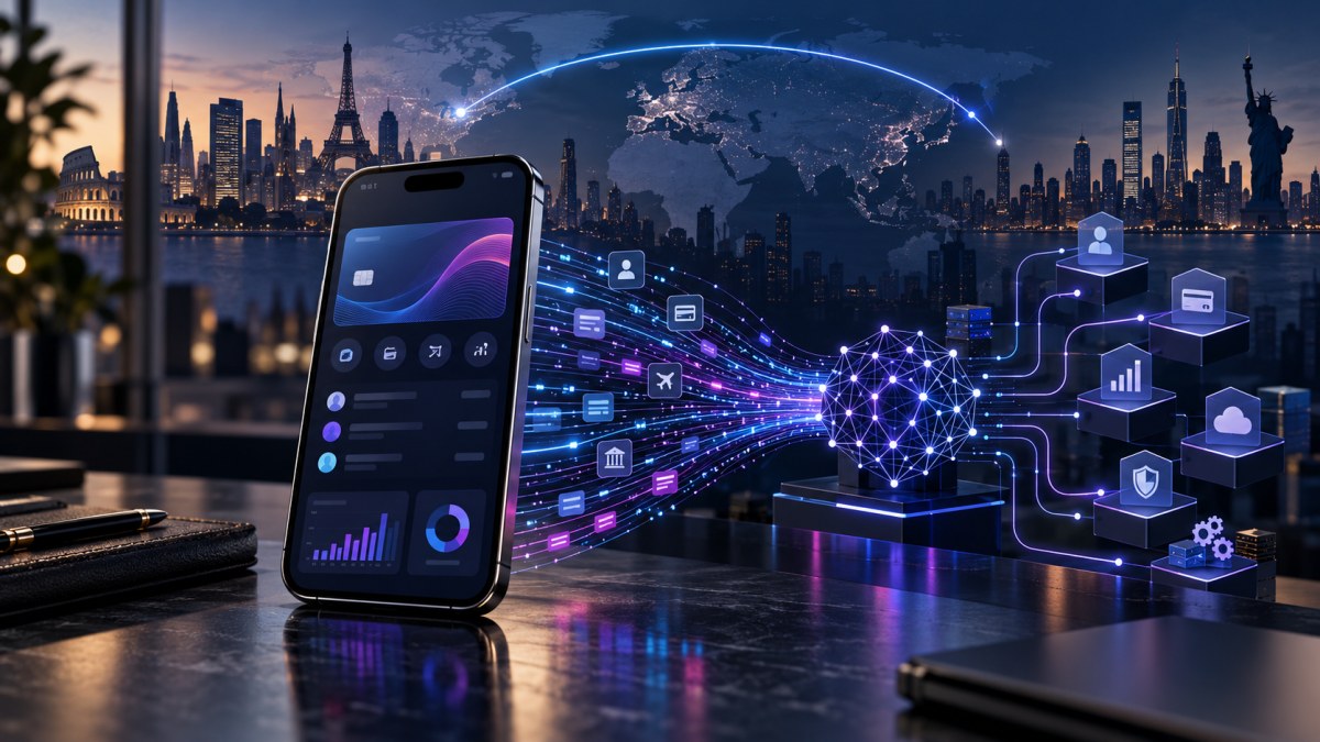 AI-generated conceptual illustration of a mobile banking interface feeding anonymized data into an AI network and global technology services.