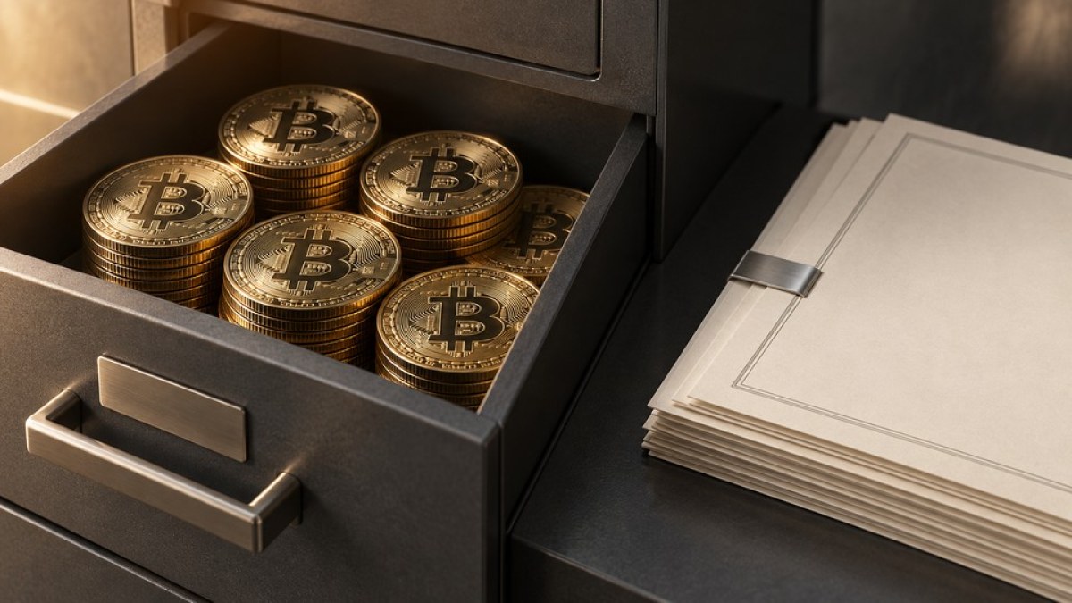 AI-generated conceptual illustration of Bitcoin treasury reserves beside structured financing documents