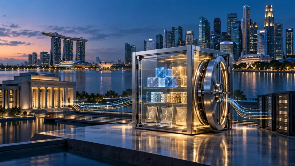 Conceptual editorial illustration of a secure institutional digital-asset vault overlooking Singapore’s financial district.