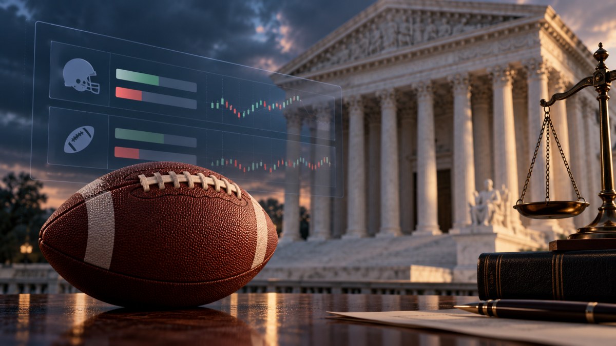 Conceptual illustration of an American football, event-contract market panels and courthouse columns representing the dispute over sports prediction-market oversight.