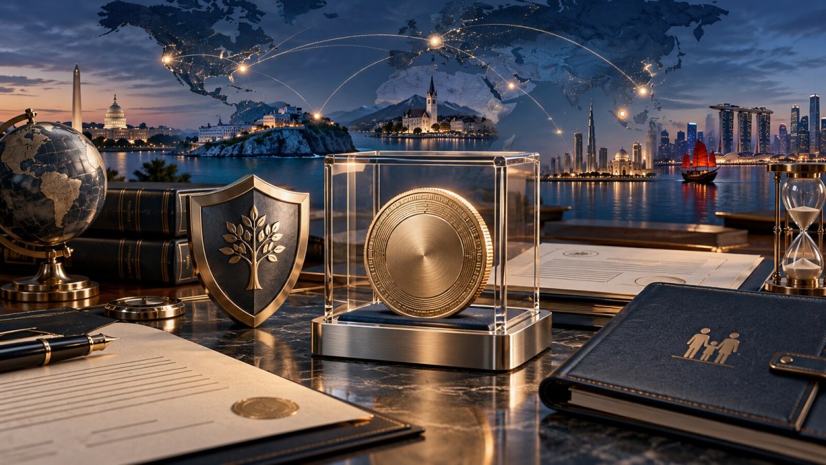 AI-generated conceptual illustration of a secure digital asset, insurance shield and policy documents connected across international financial centers.