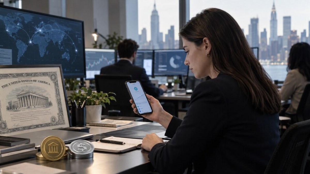 AI-generated conceptual image of an analyst reviewing tokenized Treasury fund access and stablecoin reserve systems in a New York fintech office.