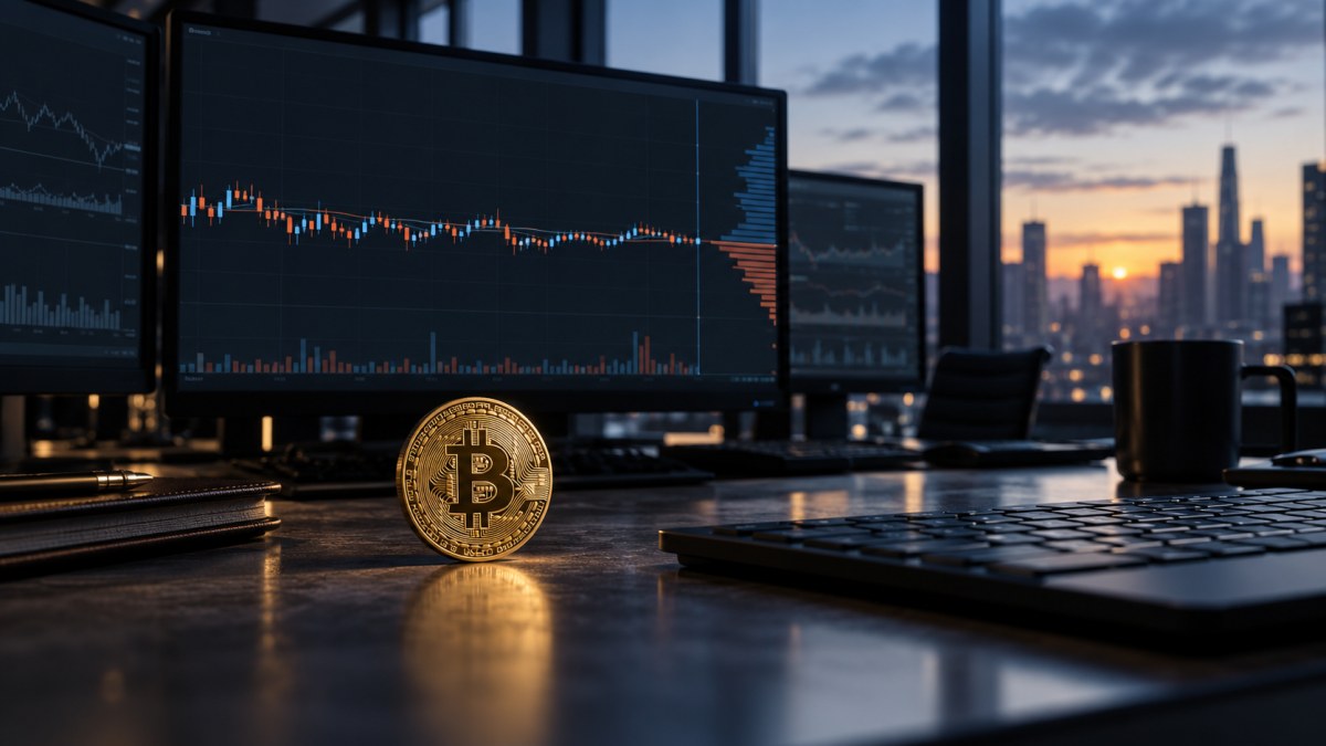 AI-generated editorial image of a Bitcoin coin at a quiet trading desk with a narrow sideways market chart
