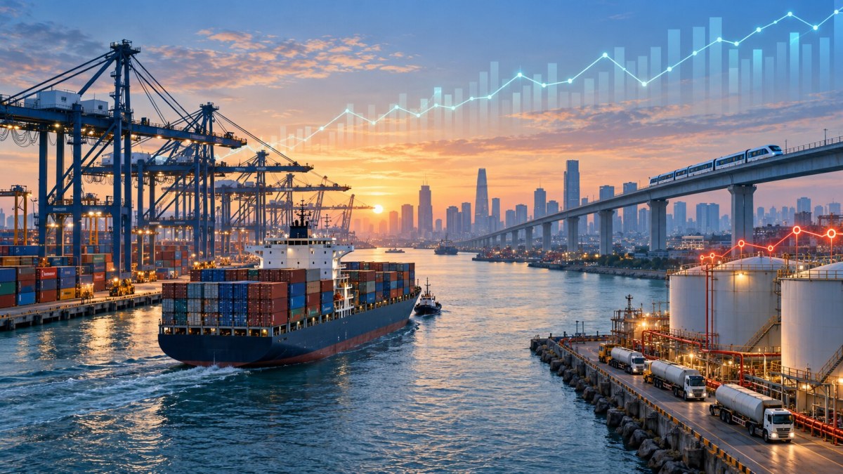 AI-generated editorial illustration of a Vietnamese container port, infrastructure and financial charts showing growth alongside rising import costs