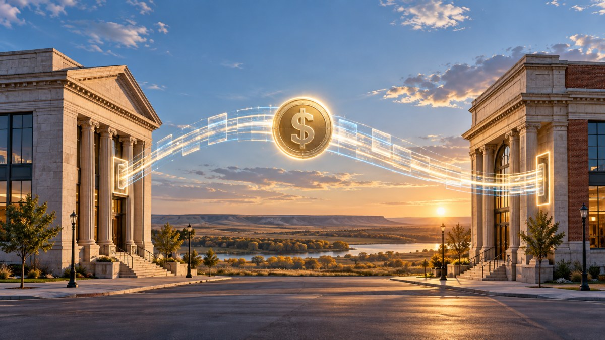 AI-generated conceptual illustration of a dollar-backed digital token moving on a secure rail between two North Dakota bank buildings at sunset.